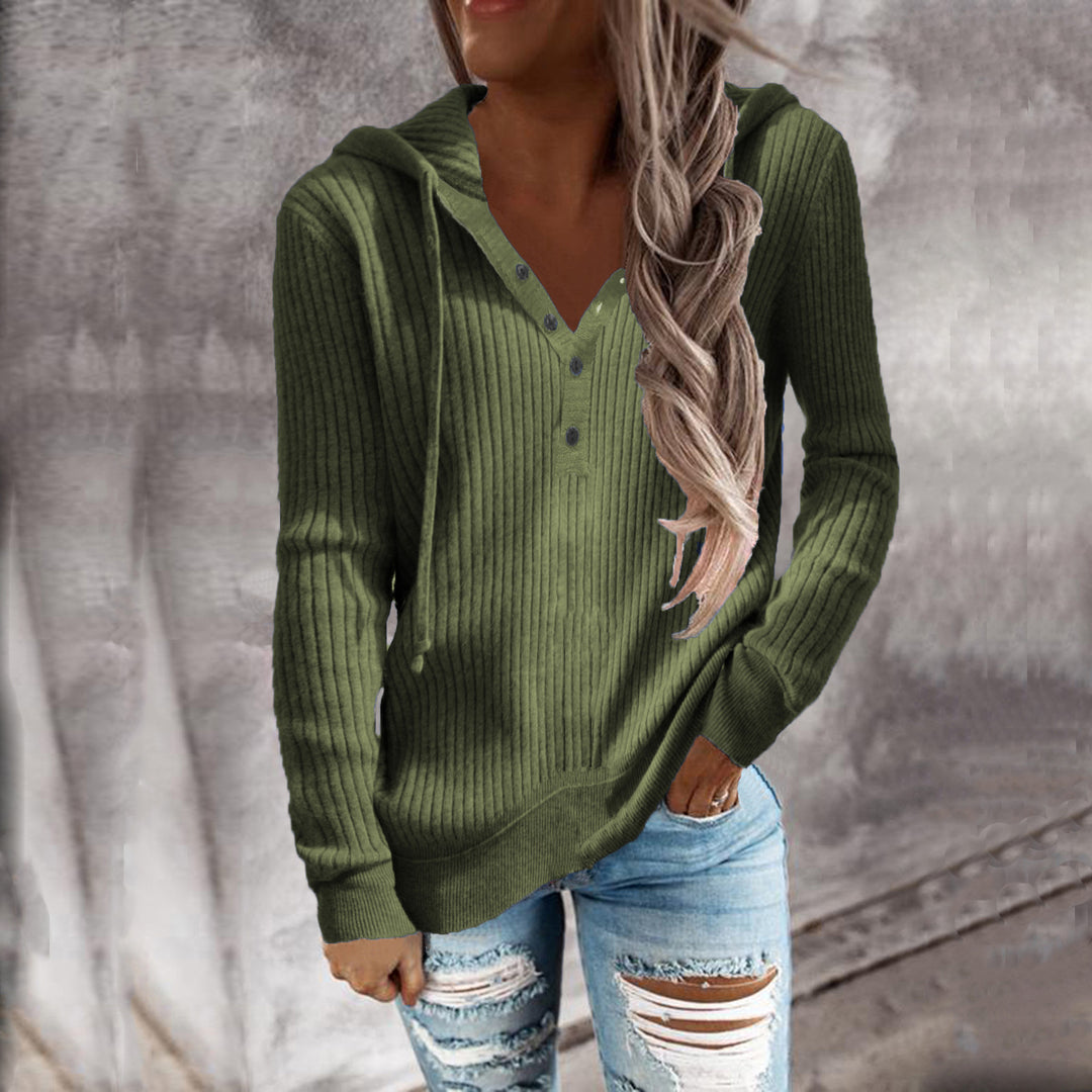 Damen Kapuzenpullover mit feinem Rippstrick und Knopfleiste Heidi-Mode