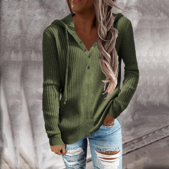 Damen Kapuzenpullover mit feinem Rippstrick und Knopfleiste Heidi-Mode