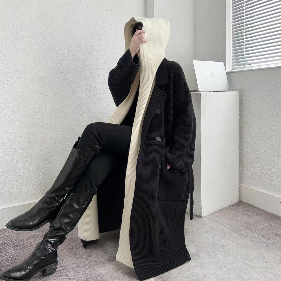 Damen Eleganter langer Mantel mit Gürtel und kontrastierenden Ärmeln Heidi-Mode
