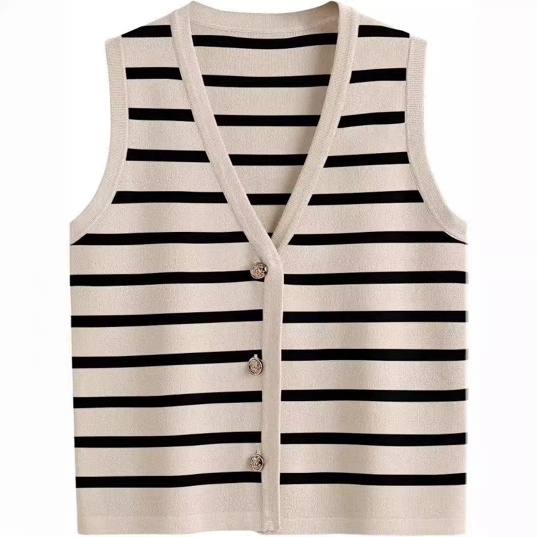 Damen ärmellose Strickweste mit V-Ausschnitt und dekorativen Knöpfen Heidi-Mode