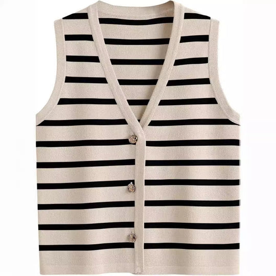 Damen ärmellose Strickweste mit V-Ausschnitt und dekorativen Knöpfen Heidi-Mode