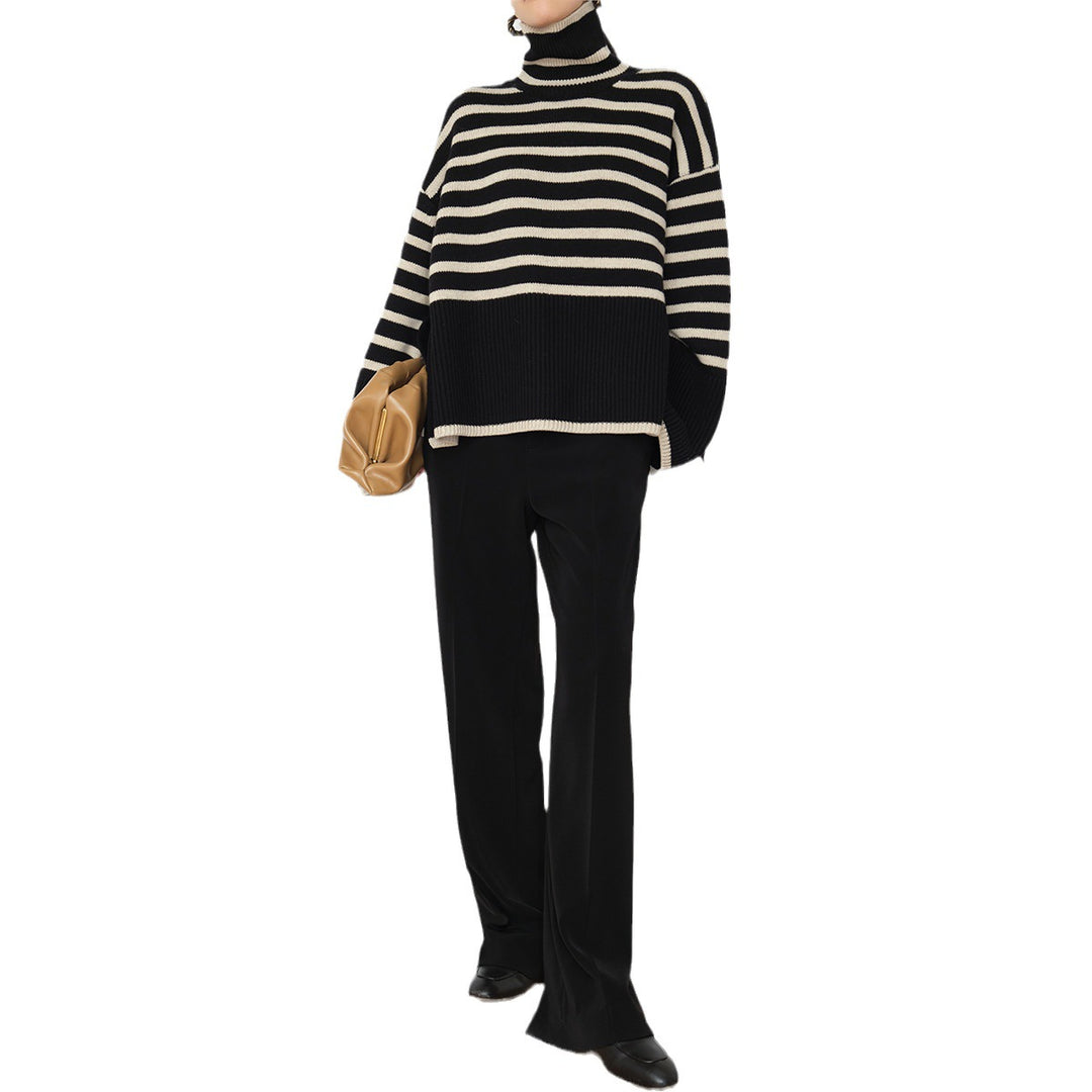Damen Lässiger Strickpullover mit Blockstreifen und hohem Kragen Heidi-Mode
