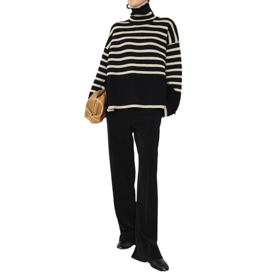 Damen Lässiger Strickpullover mit Blockstreifen und hohem Kragen Heidi-Mode