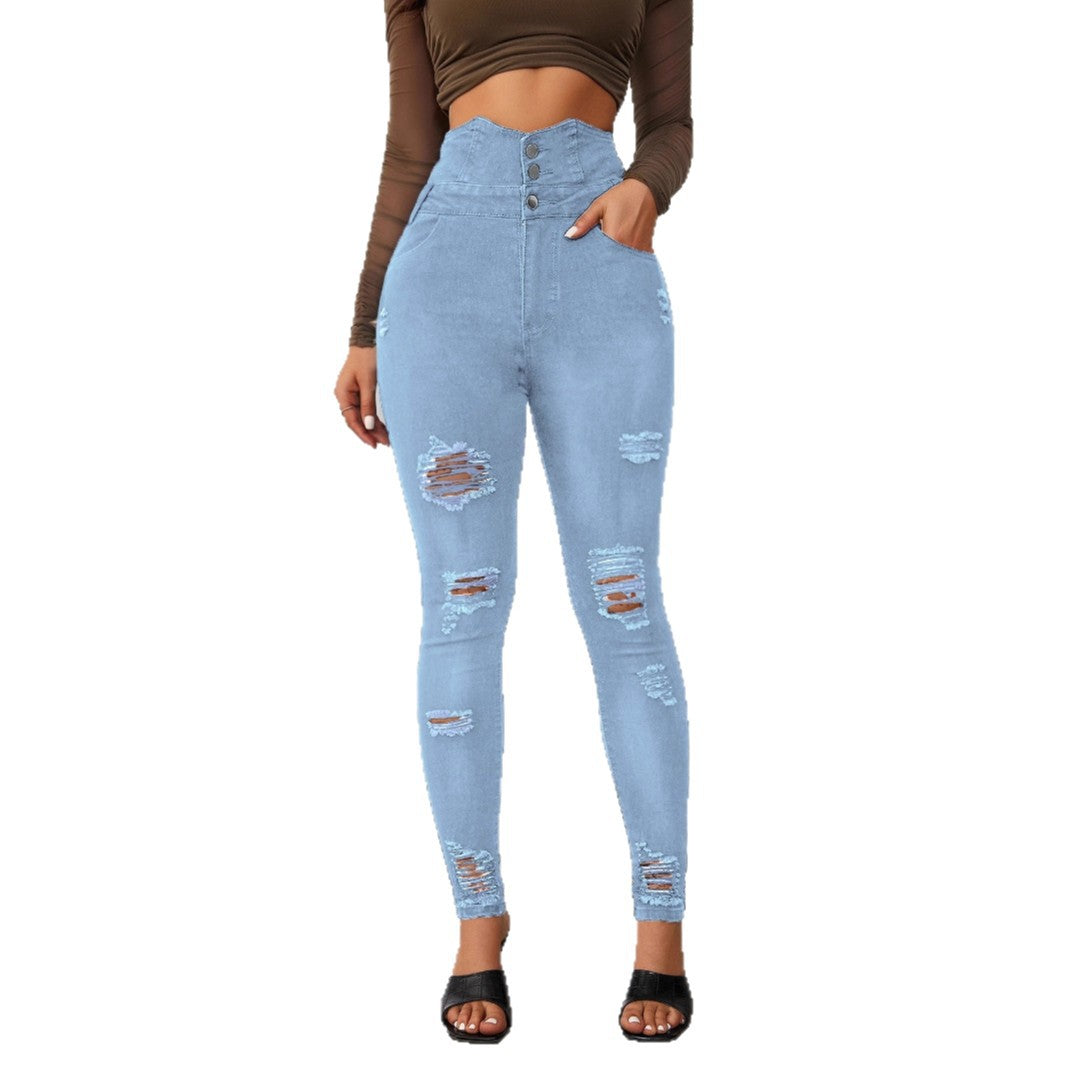 Damen Hochtaillierte Skinny Jeans mit modischen Rissen und eleganter Knopfleiste Heidi-Mode