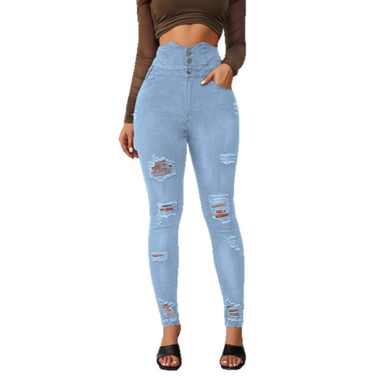 Damen Hochtaillierte Skinny Jeans mit modischen Rissen und eleganter Knopfleiste Heidi-Mode