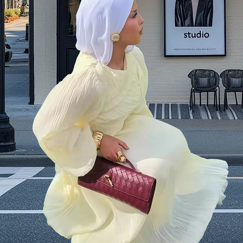 Damen Elegantes Plissiertes Maxikleid mit Raffungen und langen Ärmeln Heidi-Mode
