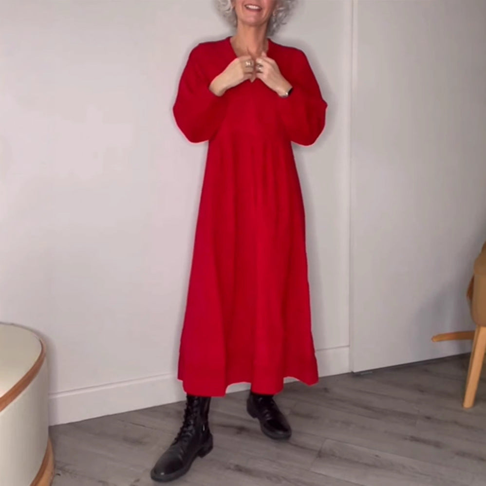 Damen Maxikleid mit elegantem V-Ausschnitt und bequemen langen Ärmeln Heidi-Mode