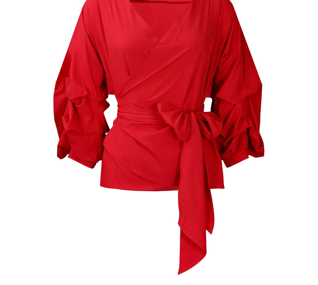 Damen Wickelbluse mit voluminösen Ärmeln und eleganter Schleifenbindung Heidi-Mode