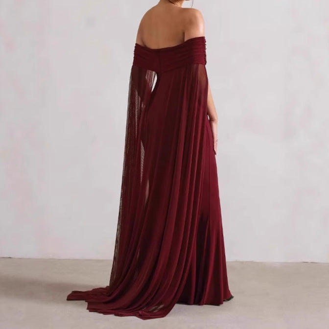 Damen Elegantes Off-Shoulder Abendkleid mit fließendem Transparenz-Cape und figurumspielendem Schnitt Heidi-Mode