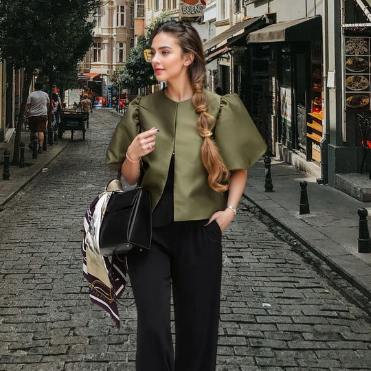Damen Elegantes Midikleid mit strukturiertem Oberteil und voluminösen Ärmeln Heidi-Mode