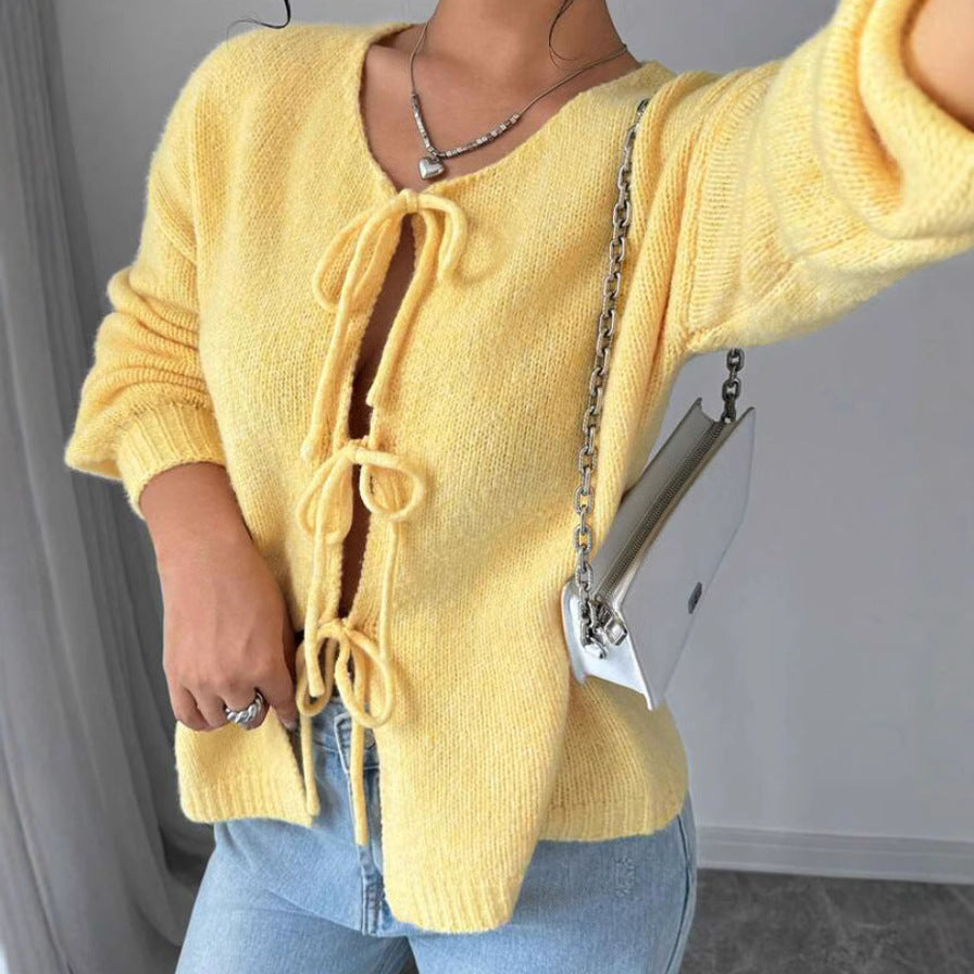 Damen Oversized Strickpullover mit dekorativem Schnürdetail Heidi-Mode