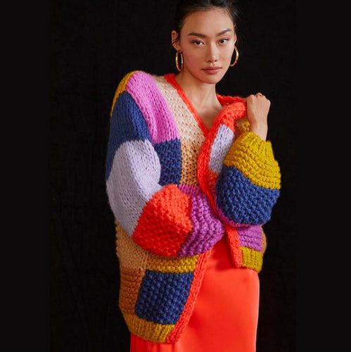 Damen Grobstrick-Cardigan mit buntem Patchwork-Design Heidi-Mode