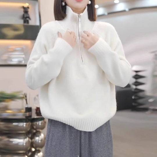 Damen Strickpullover mit hohem Kragen und praktischem Reißverschluss Heidi-Mode