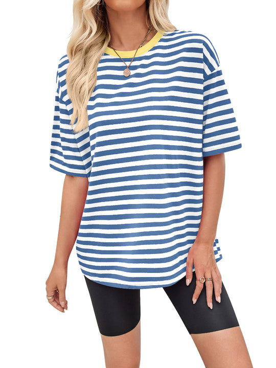Damen gestreiftes Oversize T-Shirt mit Rundhalsausschnitt und Kontrastdetails Heidi-Mode