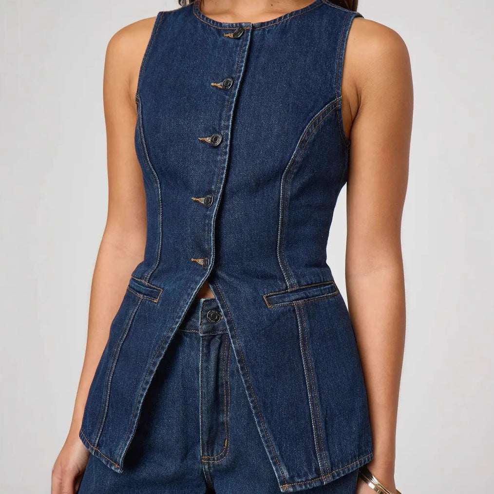 Damen Jeansweste mit tailliertem Schnitt und praktischen Taschen Heidi-Mode