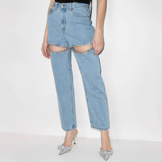 Damen Jeans mit dekorativen Cut-Outs und Strassverzierungen Heidi-Mode
