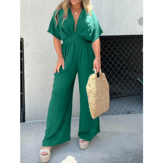 Damen eleganter Overall mit weitem Bein und tiefem V-Ausschnitt Heidi-Mode