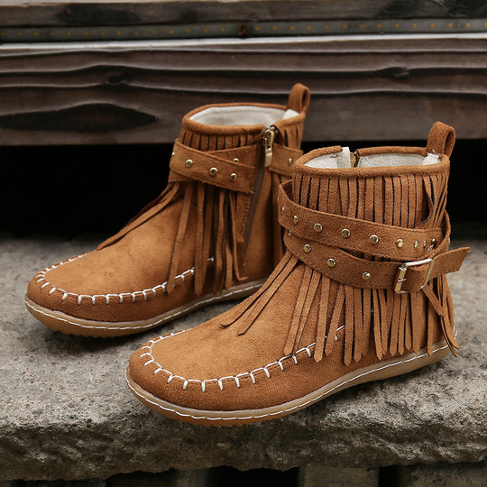 Damen Moccasin-Stiefeletten mit Fransen und dekorativem Schnallen-Design Heidi-Mode
