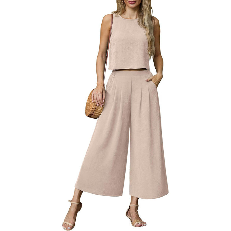 Damen luftiges Zweiteiler-Set mit weitem Hosenbein und ärmellosem Top Heidi-Mode