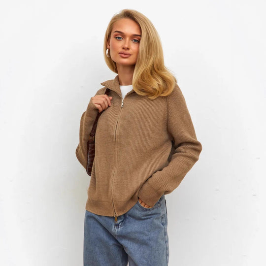 Damen Pullover mit hochschließendem Reißverschluss und strukturiertem Maschenmuster Heidi-Mode