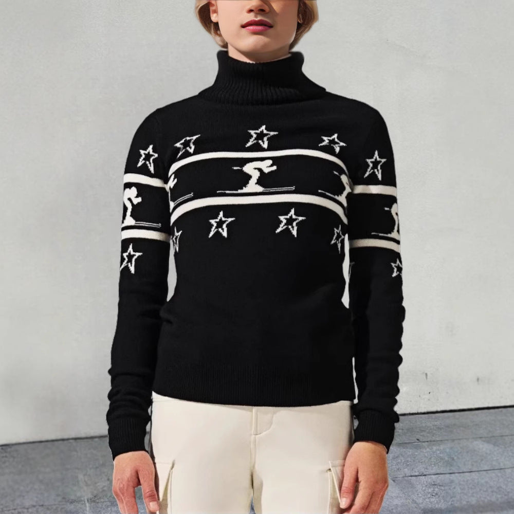 Damen Rollkragenpullover mit Skimotiv und Sternen Heidi-Mode
