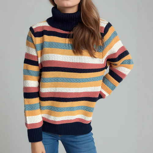 Damen Rollkragenpullover mit farbenfrohen Streifen und hochwertiger Strickqualität Heidi-Mode