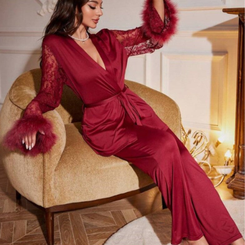 Damen elegantes Satin-Nachthemd mit Spitzenärmeln und Taillengürtel Heidi-Mode