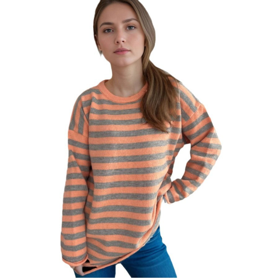 Damen lässiger Oversize-Pullover mit breiten Streifen Heidi-Mode