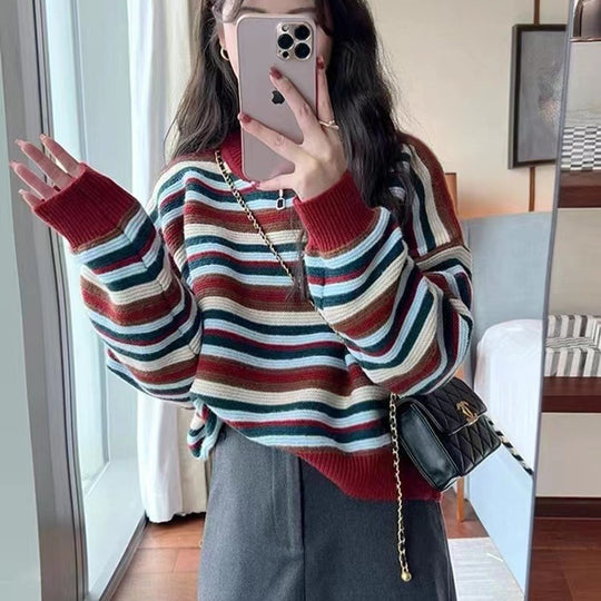 Damen gestreifter Pullover mit weitem Schnitt und modischen Details Heidi-Mode