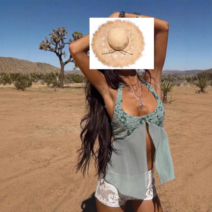 Damen Trendiges Strandtop mit transparentem Stoff und Spitze Heidi-Mode