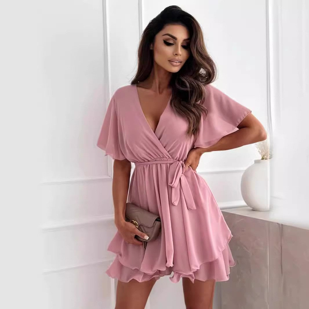 Damen luftiges Wickelkleid mit V-Ausschnitt und schwingendem Rock Heidi-Mode