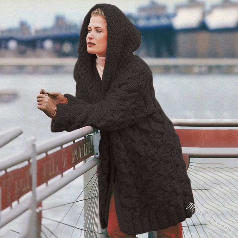 Damen oversized Grobstrickmantel mit Kapuze Heidi-Mode