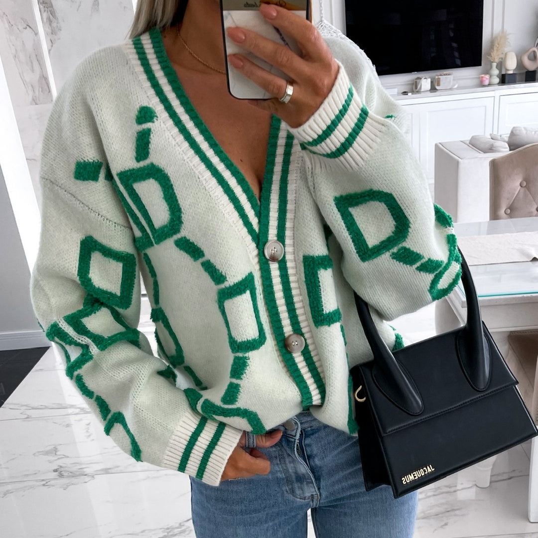 Damen lässiger Strickcardigan mit geometrischem Muster und Knopfverschluss Heidi-Mode