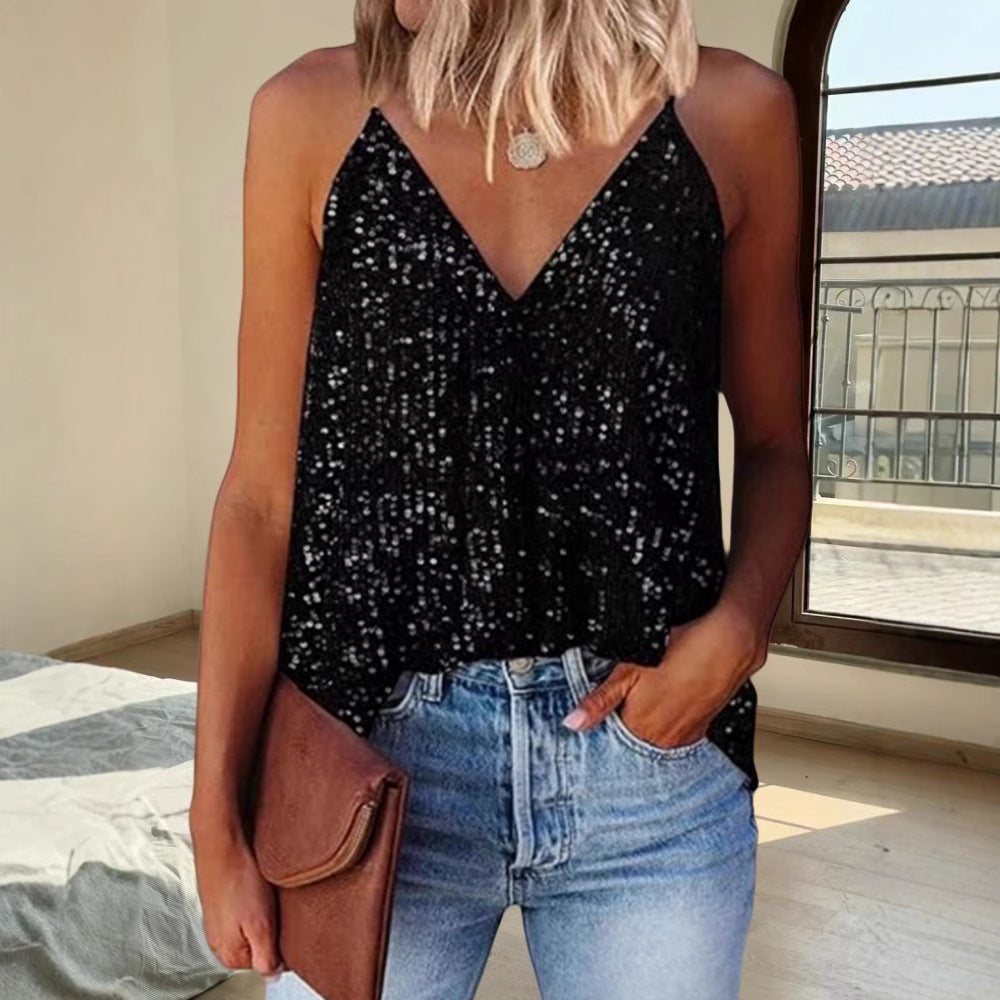 Damen Funkelndes Pailletten-Oberteil mit tiefem V-Ausschnitt und schmalen Trägern Heidi-Mode