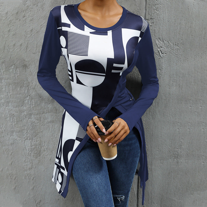 Damen Langarmshirt mit grafischem Muster und asymmetrischem Saum Heidi-Mode