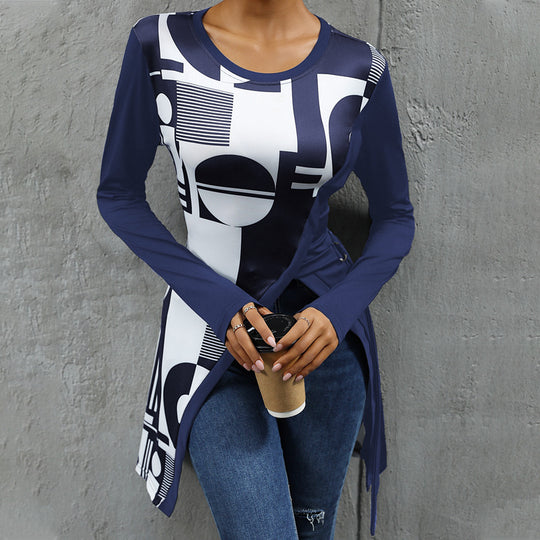 Damen Langarmshirt mit grafischem Muster und asymmetrischem Saum Heidi-Mode