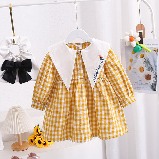 Mädchen Gingham Karierte Kleid mit Eleganter Peter Pan Kragen Heidi-Mode