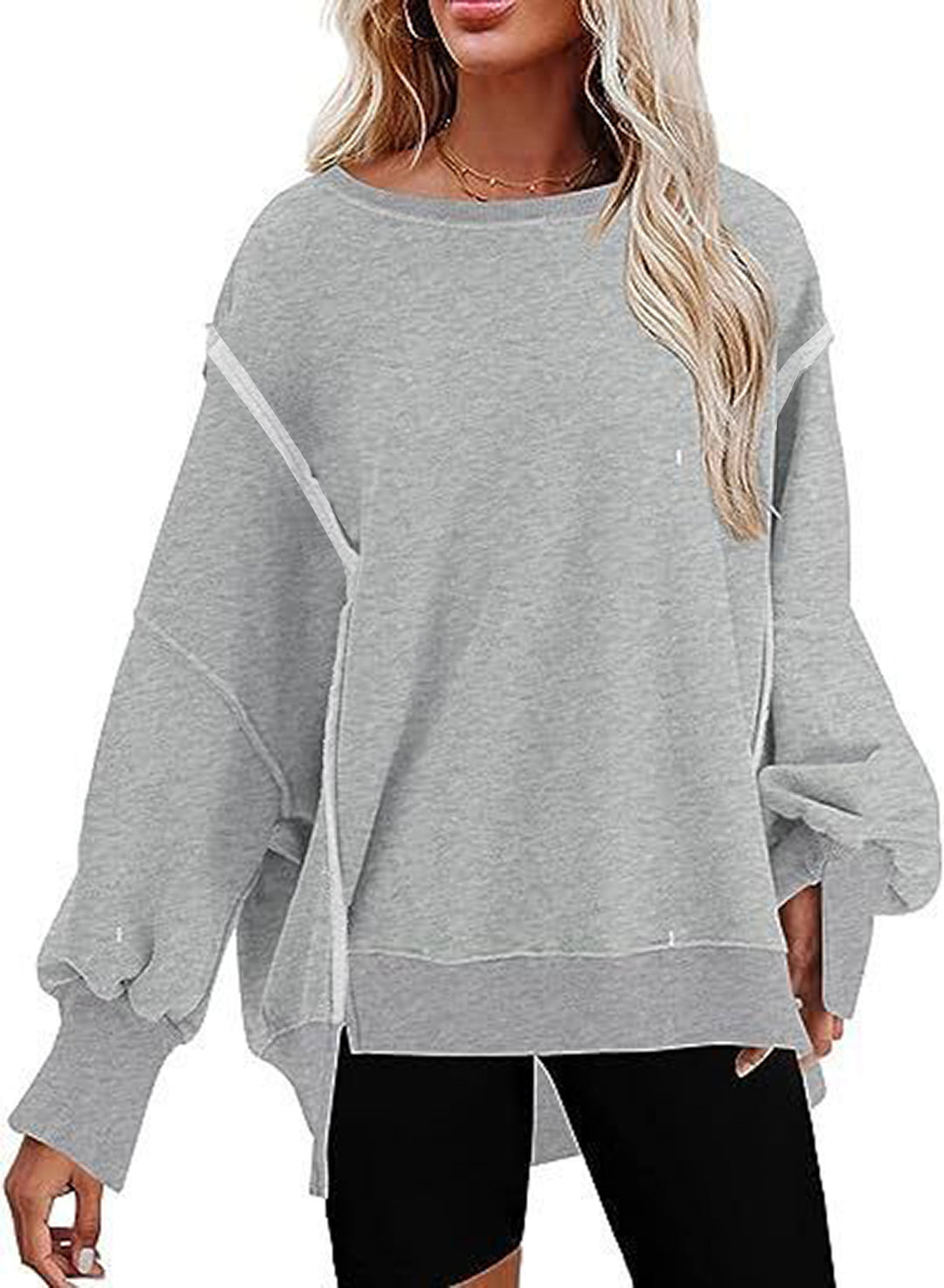 Damen Oversize Sweatshirt mit Ballonärmeln und seitlichen Schlitzen Heidi-Mode
