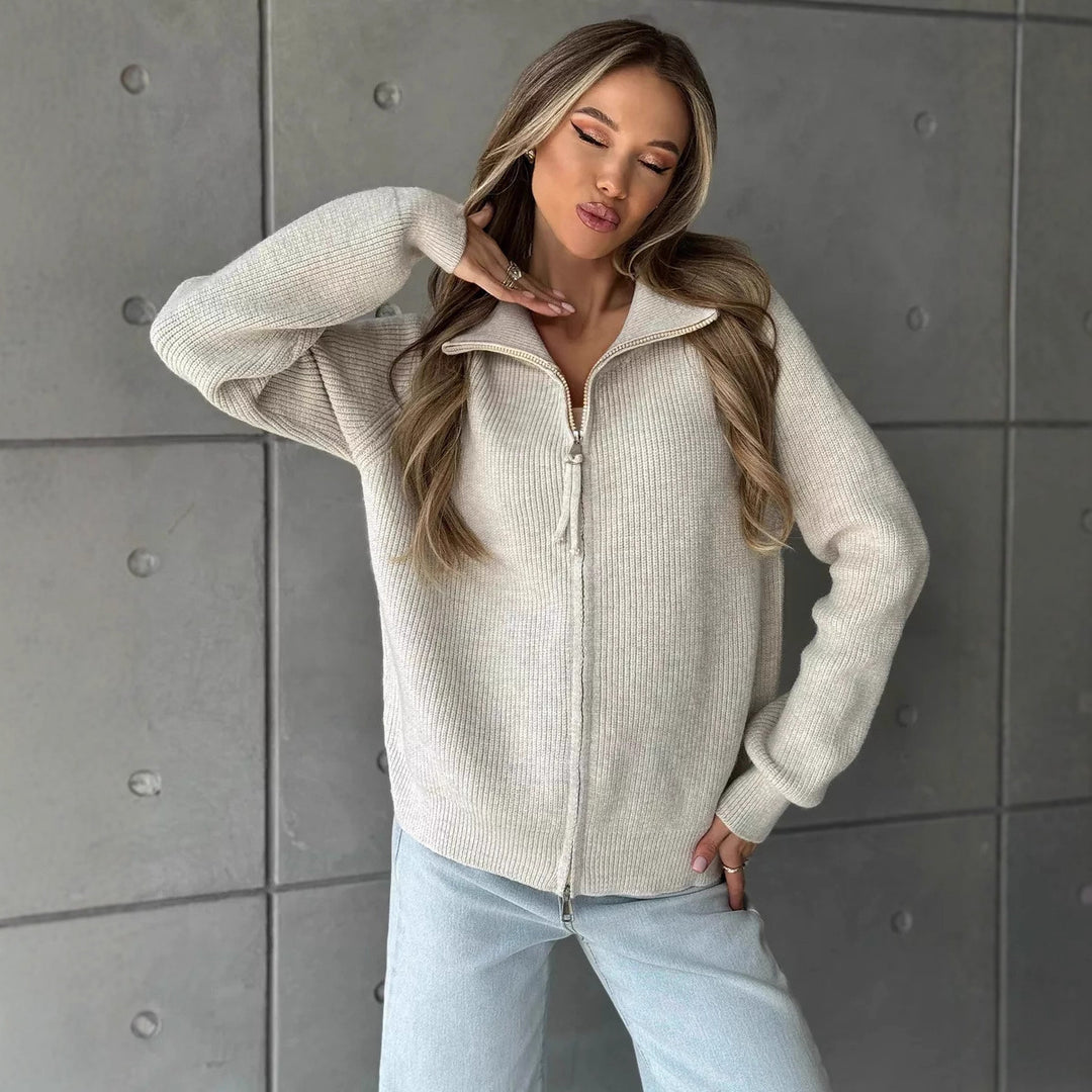 Damen Pullover mit hochschließendem Reißverschluss und strukturiertem Maschenmuster Heidi-Mode