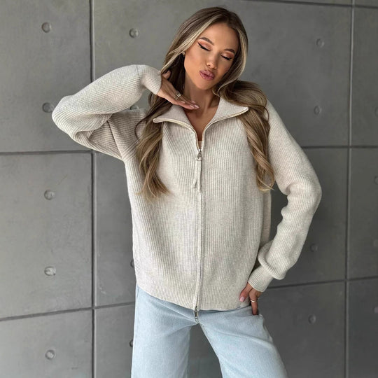 Damen Pullover mit hochschließendem Reißverschluss und strukturiertem Maschenmuster Heidi-Mode