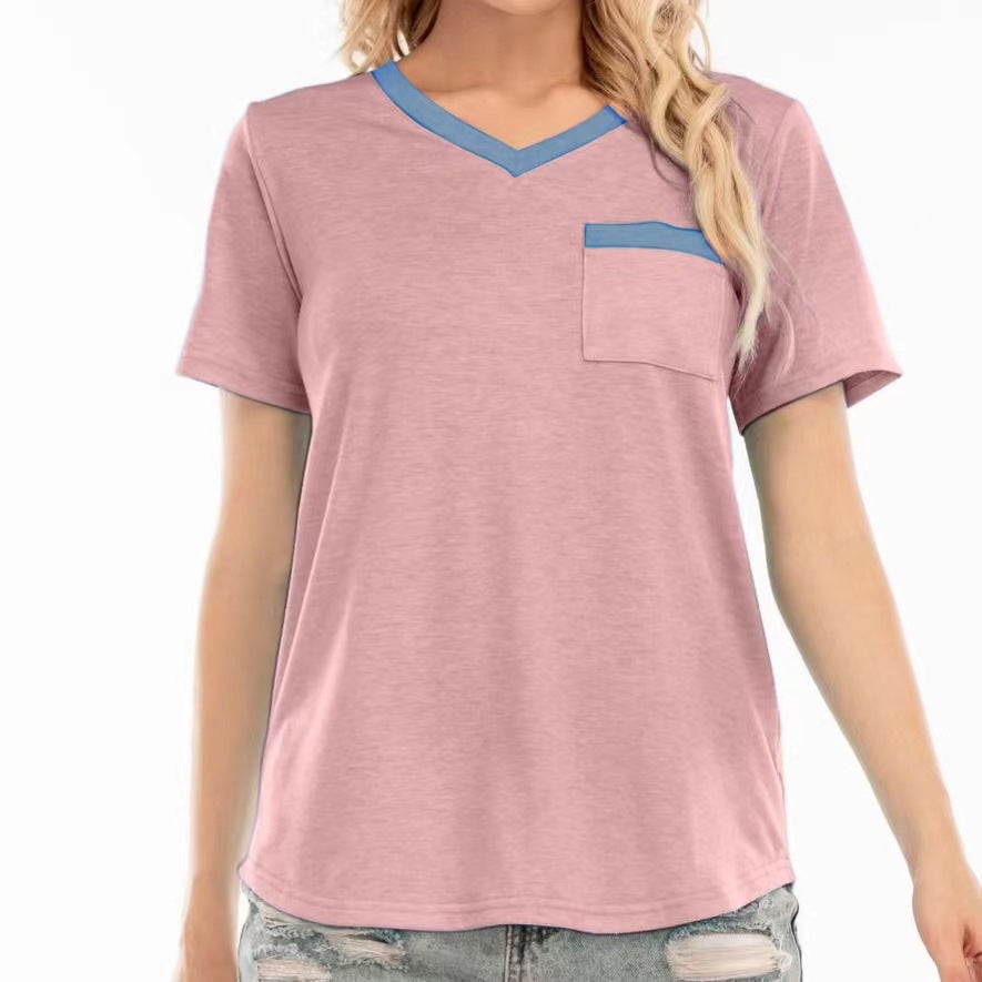 Damen T-Shirt mit V-Ausschnitt und kontrastierender Brusttasche Heidi-Mode