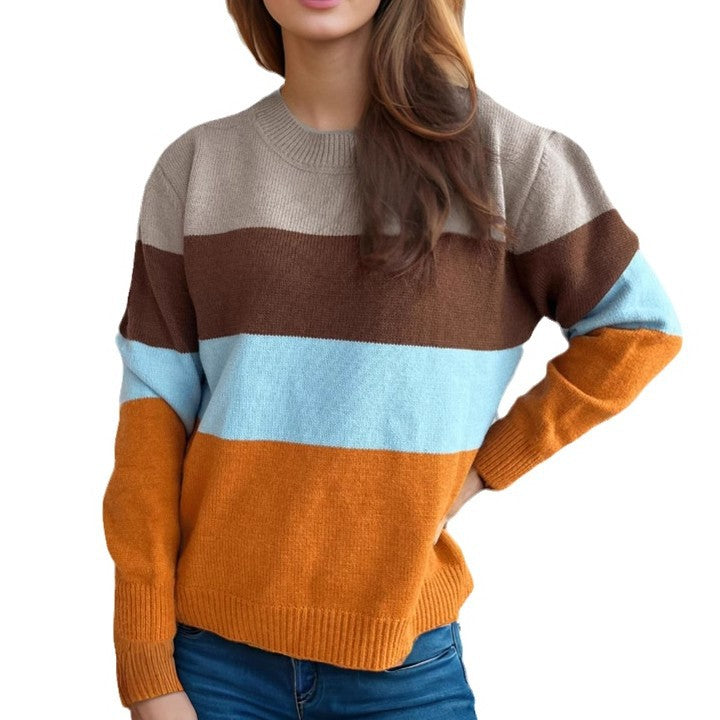 Damen lockerer Strickpullover mit buntem Streifenmuster Heidi-Mode