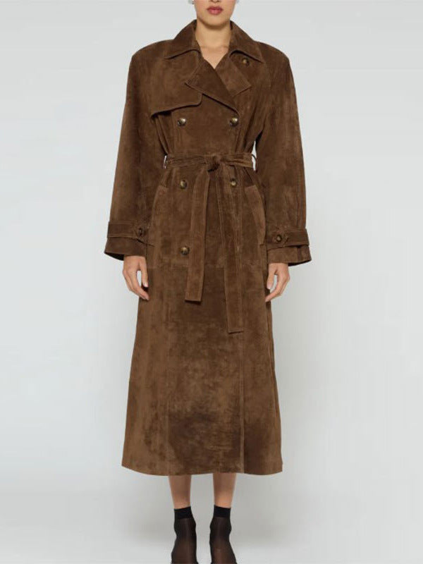 Damen eleganter und taillierter Wildleder-Trenchcoat mit Gürtel Heidi-Mode