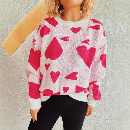 Damen oversized Pullover mit Herzmotiv Heidi-Mode