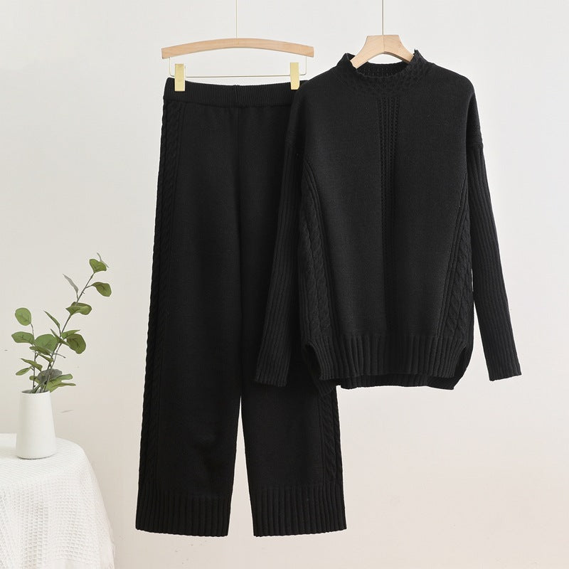 Damen komfortables Strick-Loungewear-Set mit hohen Bündchen und dekorativen Zopfmustern Heidi-Mode