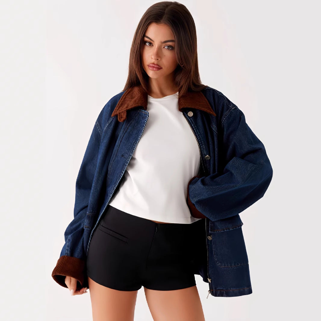 Damen Denimjacke mit Kapuze und kontrastierenden Ärmeln Heidi-Mode