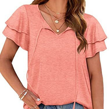 Damen lässiges V-Ausschnitt T-Shirt mit verspielten Rüschendetails und verstellbarem Kordelzug Heidi-Mode
