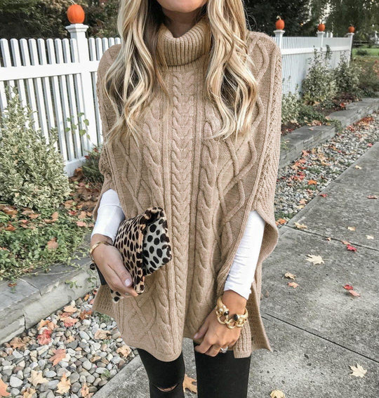 Damen Kuschelponcho mit hohem Kragen und Zopfmuster Heidi-Mode