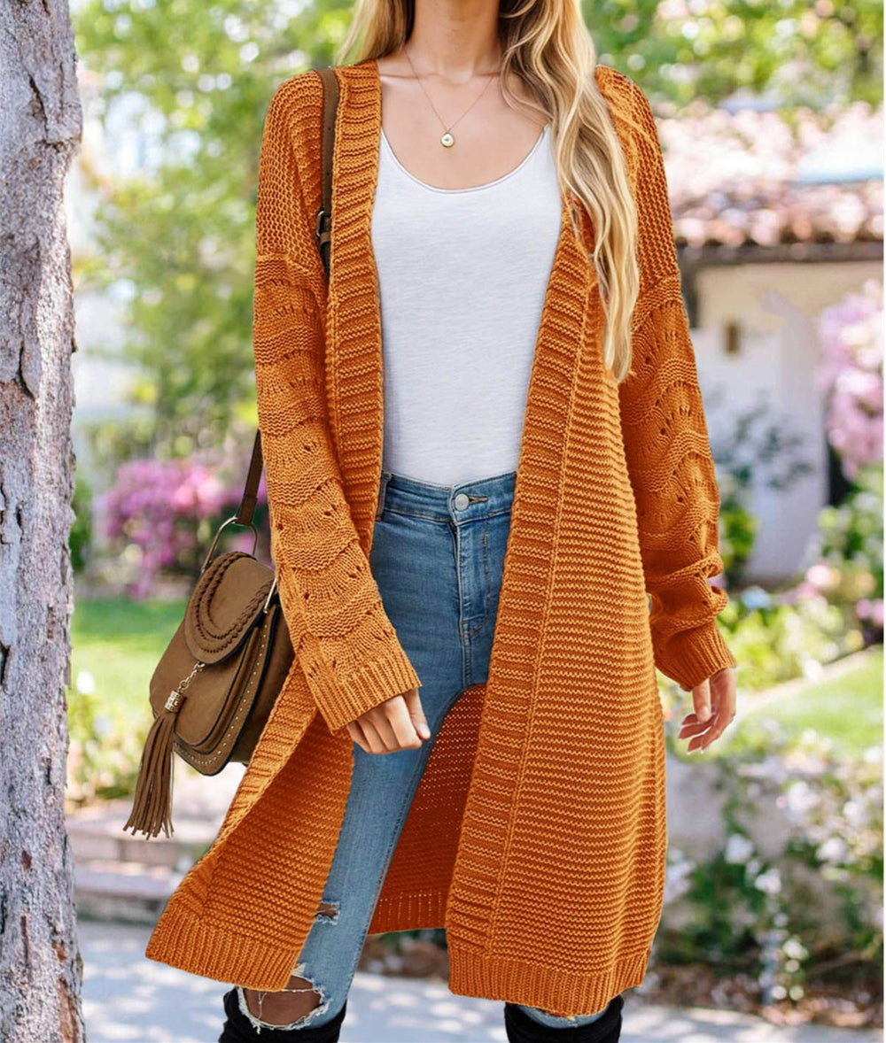 Damen Langer Strickcardigan mit luftiger Maschenstruktur und offener Front Heidi-Mode