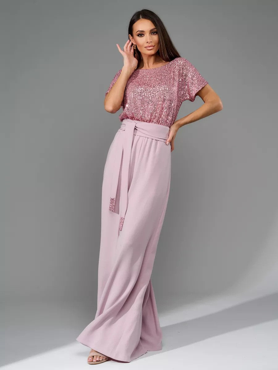 Damen Glitzernder Jumpsuit mit weitem Bein und Taillengürtel Heidi-Mode